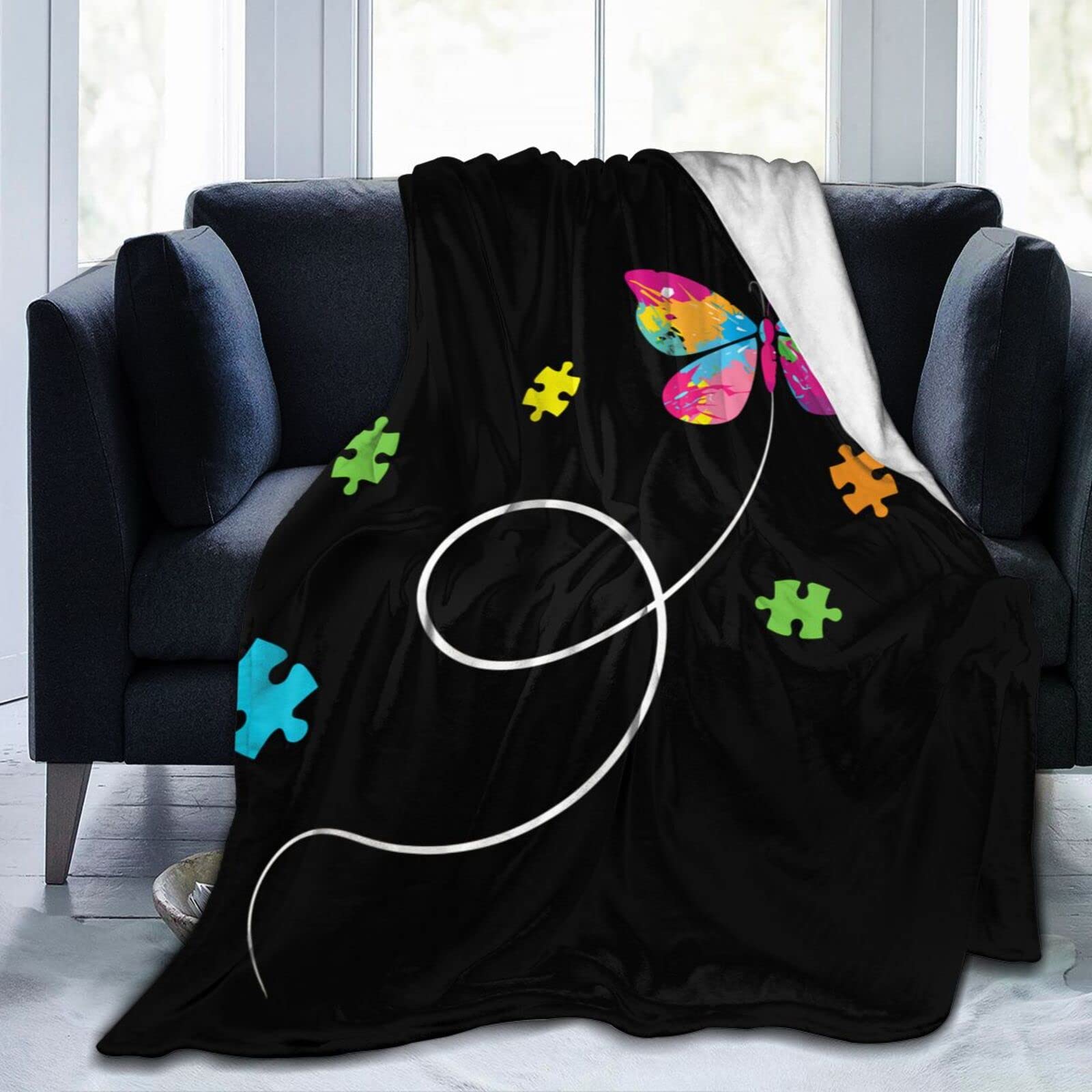 Lsjuee Autism Awareness Butterfly Throw Blanket Warm Cozy Lightweight Blankets Soft Flannel Blanket for Sofa Couch Bed Office 80"X60"