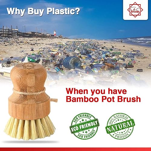 Miniatura 8 de S&C Kitchen - Cepillo de bambú para limpiar sartén, verduras, platos, wok, platos para cocina, baño, hecho de cerdas de palma y sisal con mango,
