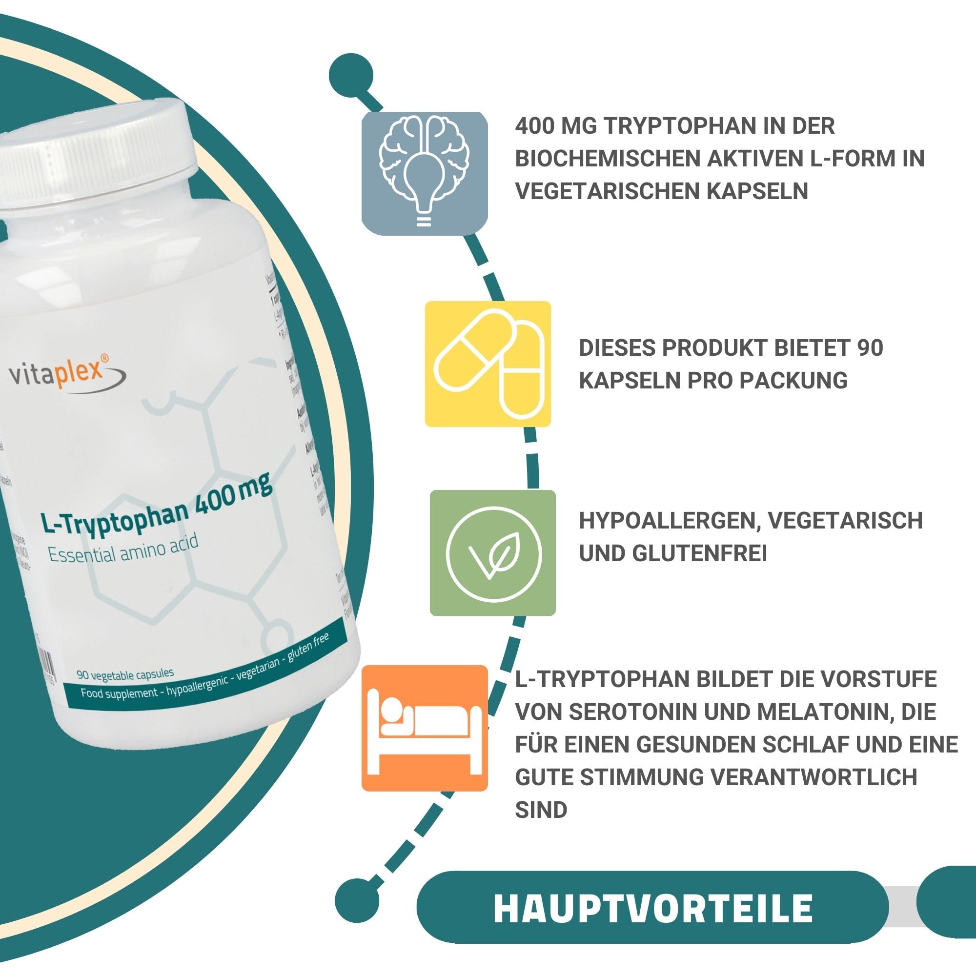 L-Tryptophan hochdosiert Kapseln (400 mg, 90 Tabletten) - L Tryptophan Aminosäuren Kapseln - vegan und vegetarisch