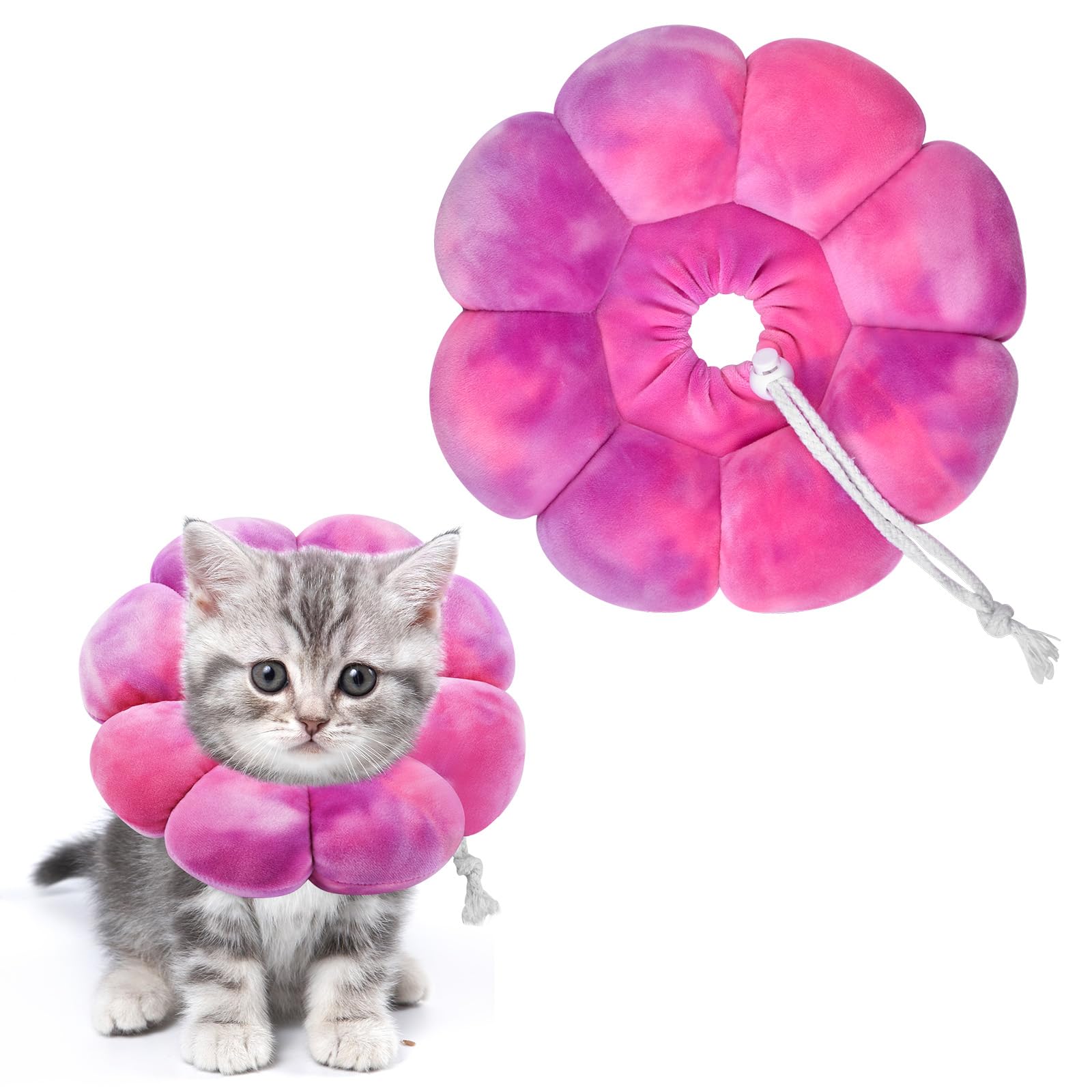 Flower Cat Cone, Uadonile Adjustable Cat Cone Collar, Soft Dog Elizabethan Collar Recovery E Collar After Surgery, Recovery E-Collar for Kittens/Puppies and Cats Recovery(Tie-dye Rose Purple, S)