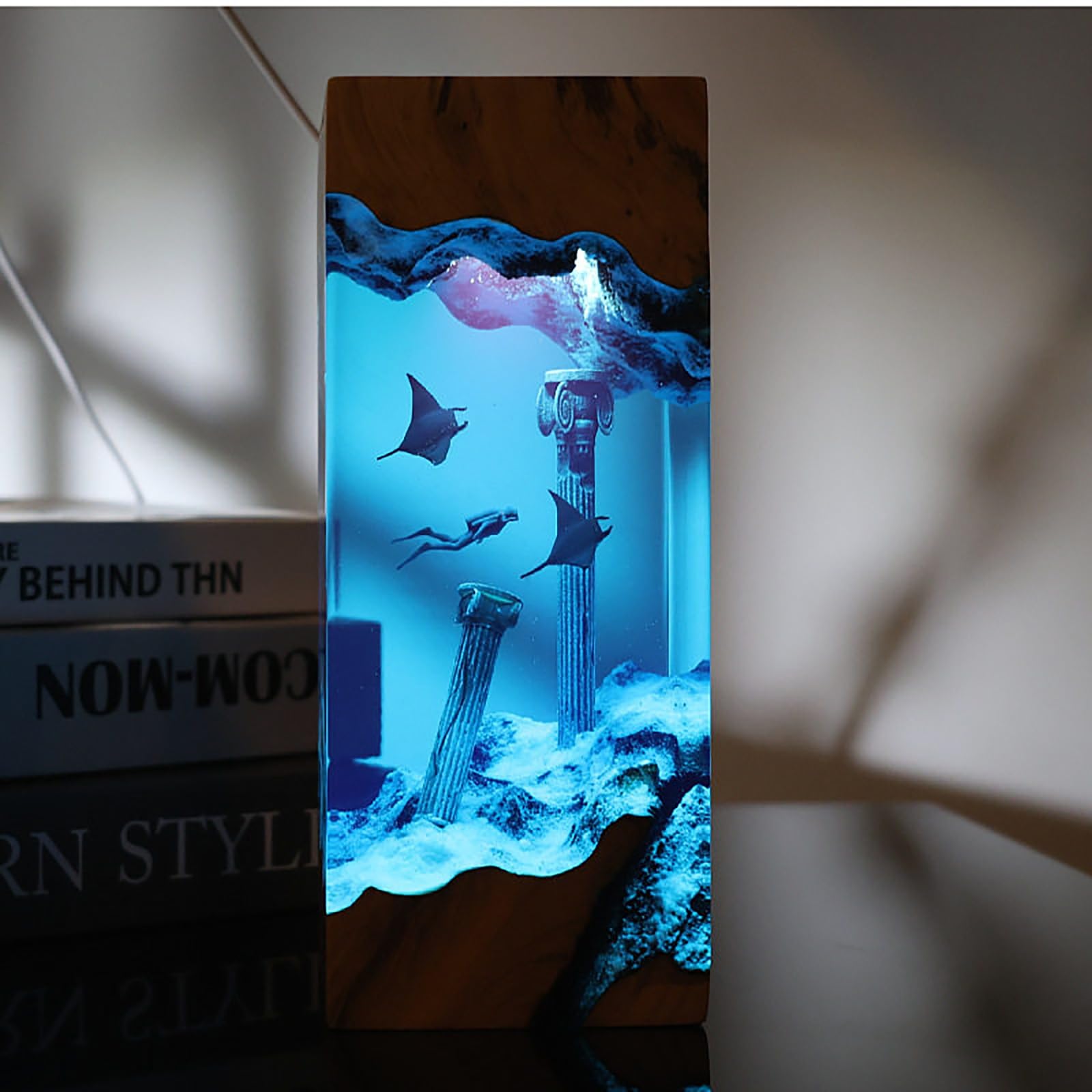 FGJtguE Woods lamp, with Multiple Marine Themes,Handcrafted Epoxy Wood Night Light for Desk Decor,Birthday Lovers(D)