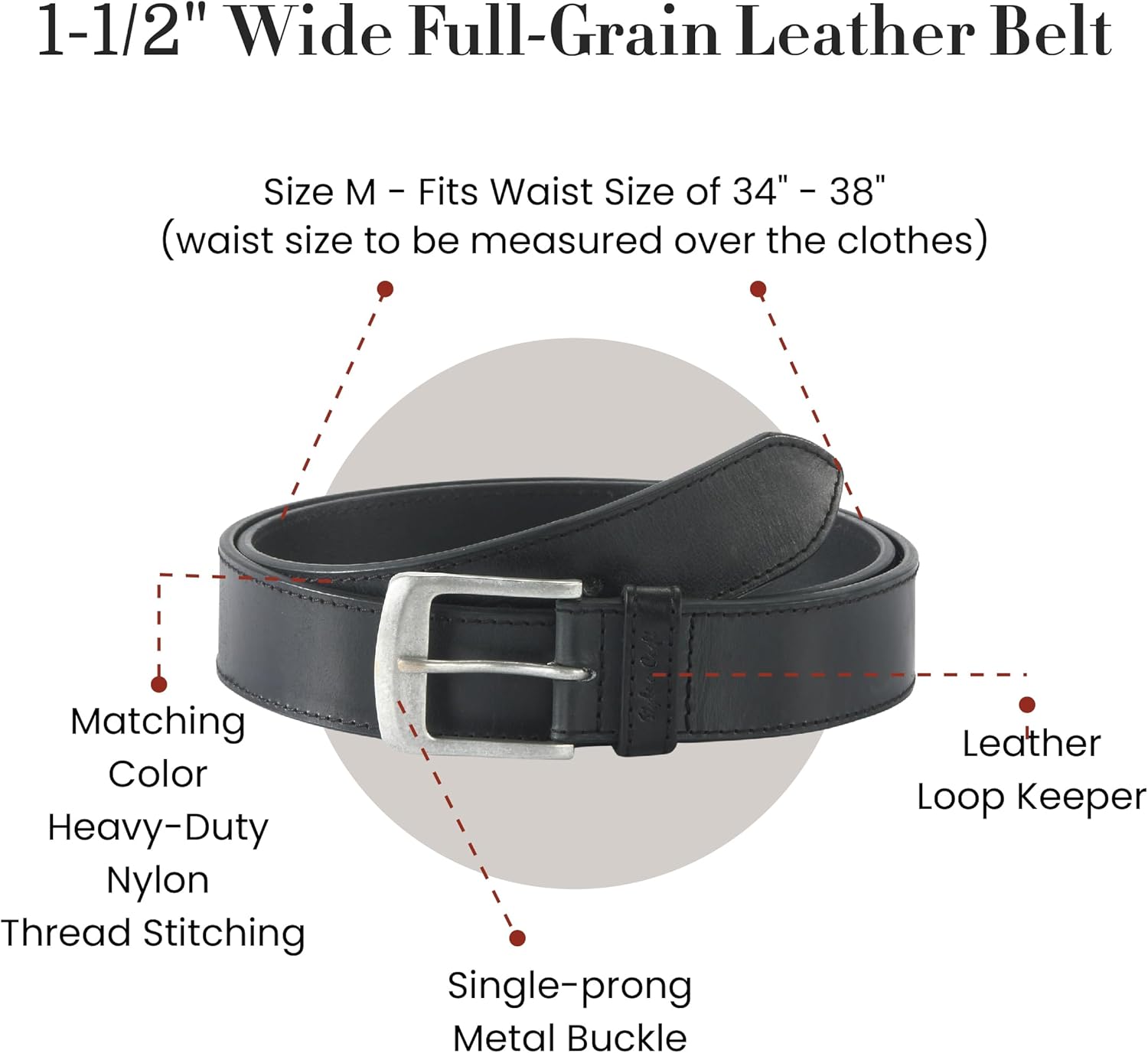 Style n Craft Belt, Full-Grain Leather Belt with Silver Buckle for Men and Women, Medium Size, Black (392701-M)