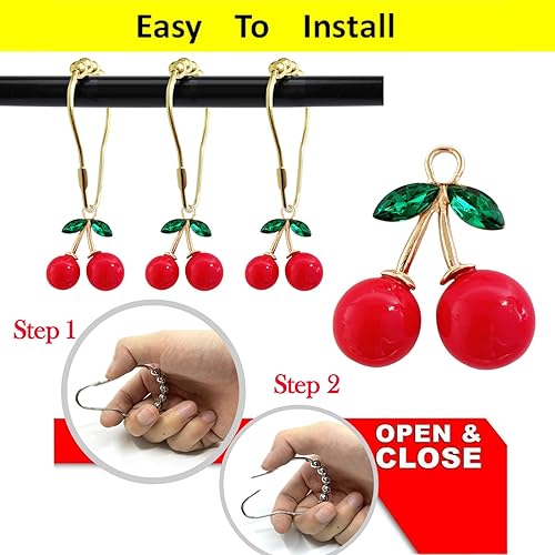 Miniatura 6 de Juego de 12 ganchos para cortina de ducha de cerezas, decoración con colgante de cereza roja, estilo frutal para baño de niños, ganchos de acero