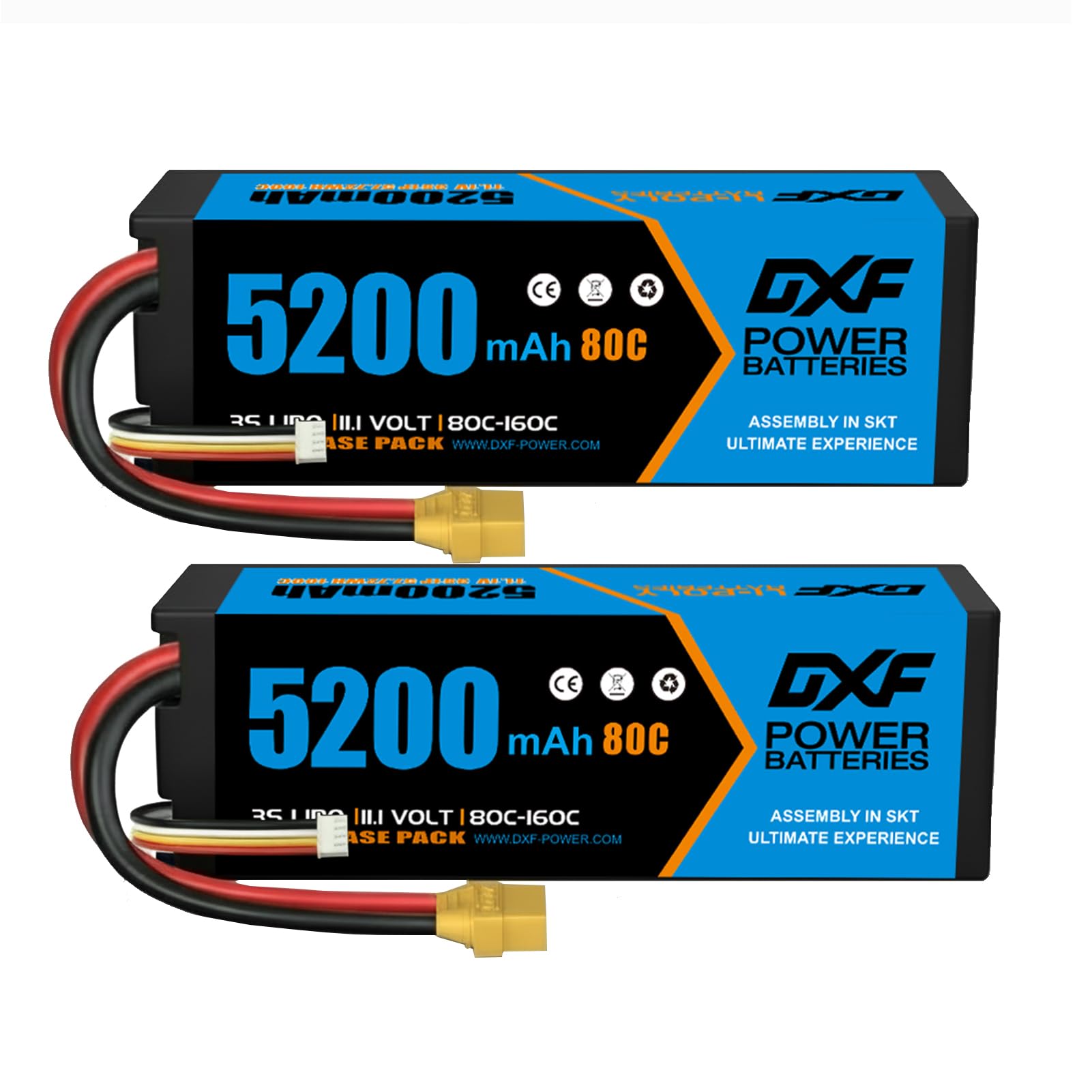DXF Batterie LiPo 3S 11.1V 5200mAh 80C avec Prise XT90, Lot de 2 Batteries Lithium Polymère Haute Performance pour Hélicoptère RC Avion Bateau Voiture Drone Multi-Rotor Modélisme
