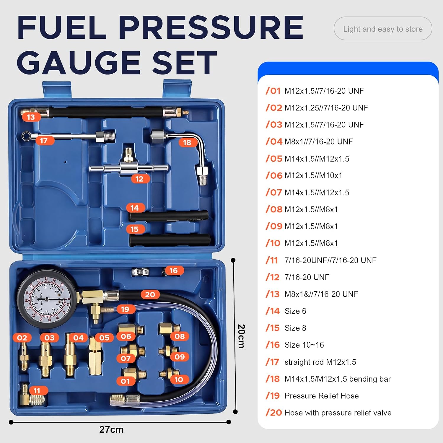 Fuel Pressure Tester Kit 0–140 PSI, Fuel Injection Pressure Tester & Fuel System Pressure Gauge Kit with Hoses and Adapters for Gasoline Cars Trucks Motorcycles（Blue）