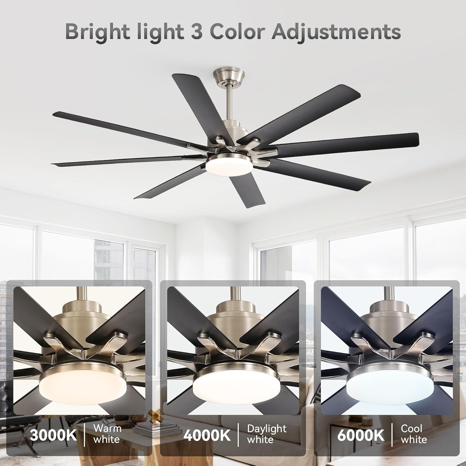 52-Inch Smart Ceiling Fan with Lights,6 Wind Speed,with 8 Black ABS Blades,Voice Remote,Fan for Bedroom,Living Room,Patio,Kitchen,etc