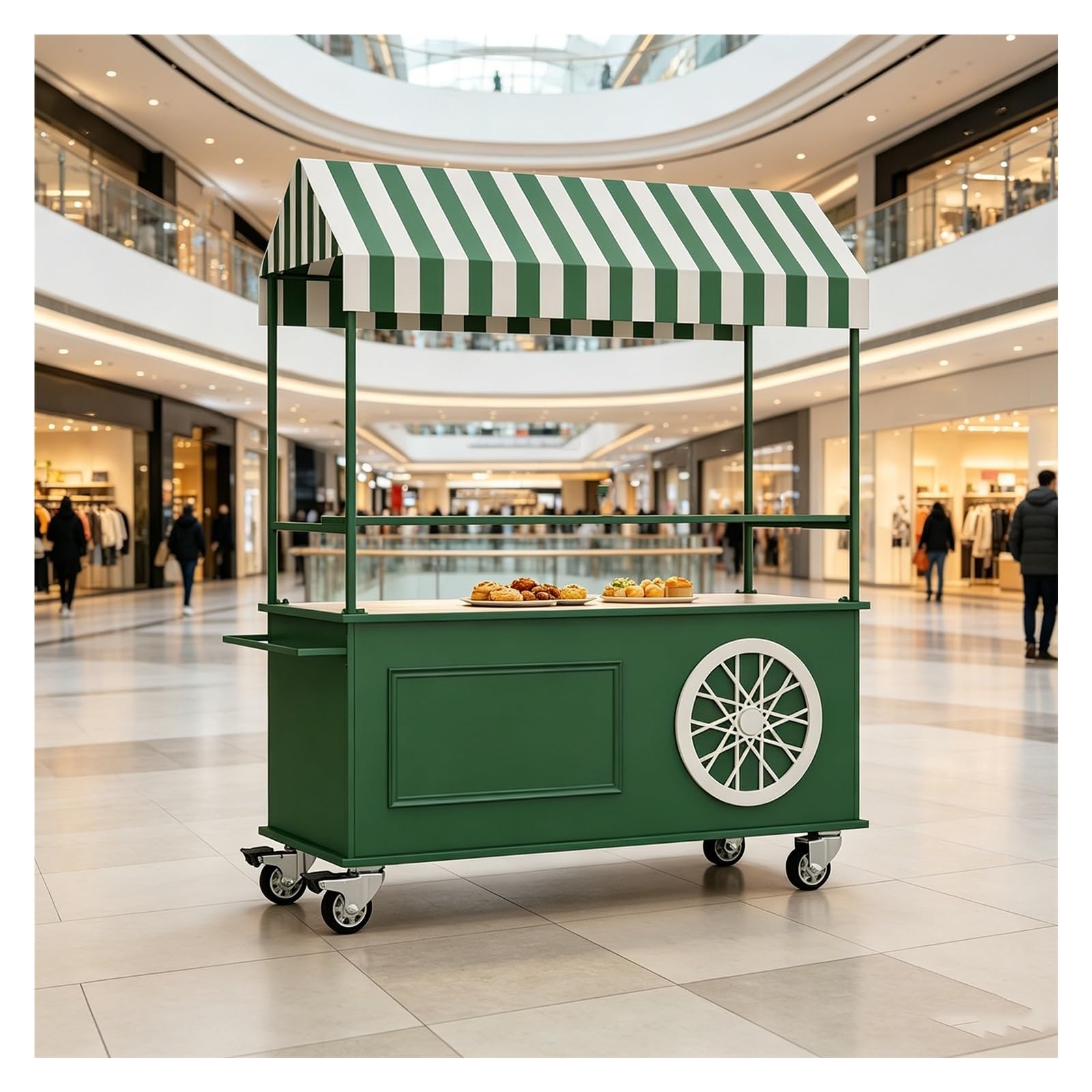 Market Stall with Striped Awning, Metal Frame, Outdoor Markets Cart, Double-tier Display Counter and Storage Cabinet, Lockable Casters, and Handrails