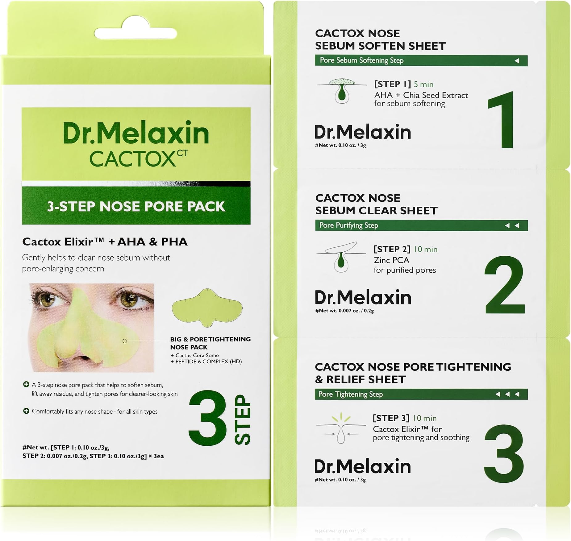 Dr.Melaxin CACTOX 3-STEP NOSE MASK PACK with AHA & PHA for Sebum Softening Pore Tightening Skin Repair 3-Step Nose Pore Pack