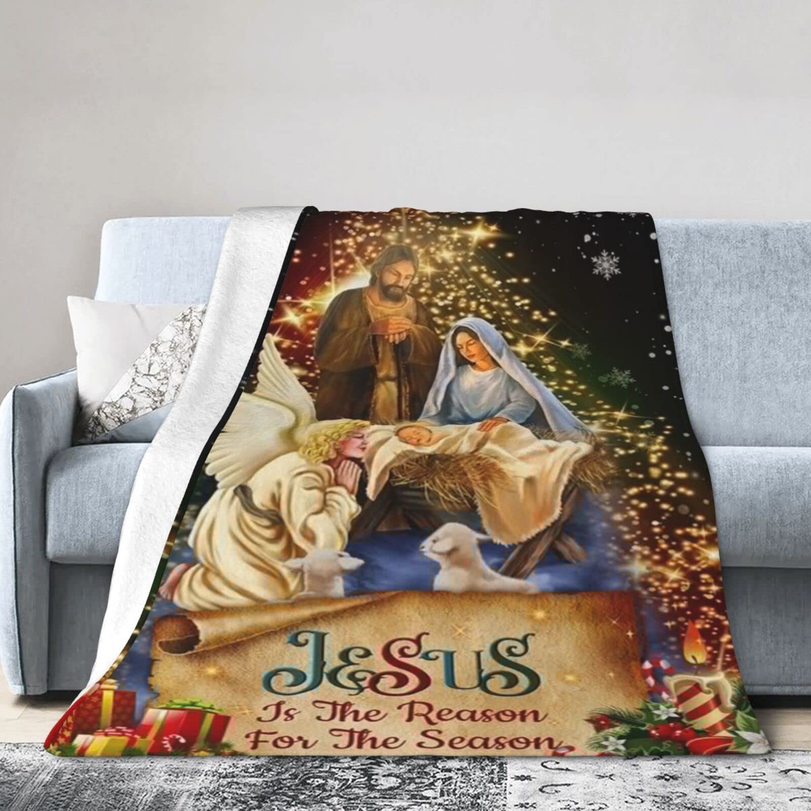 Lsjuee Christmas Flannel Fleece Blanket 40"X30" Jesus is The Reason for The Season Bed Throw Blanket Quality Ultra-Soft Travel Winter Blankets for Womens Keep Warm
