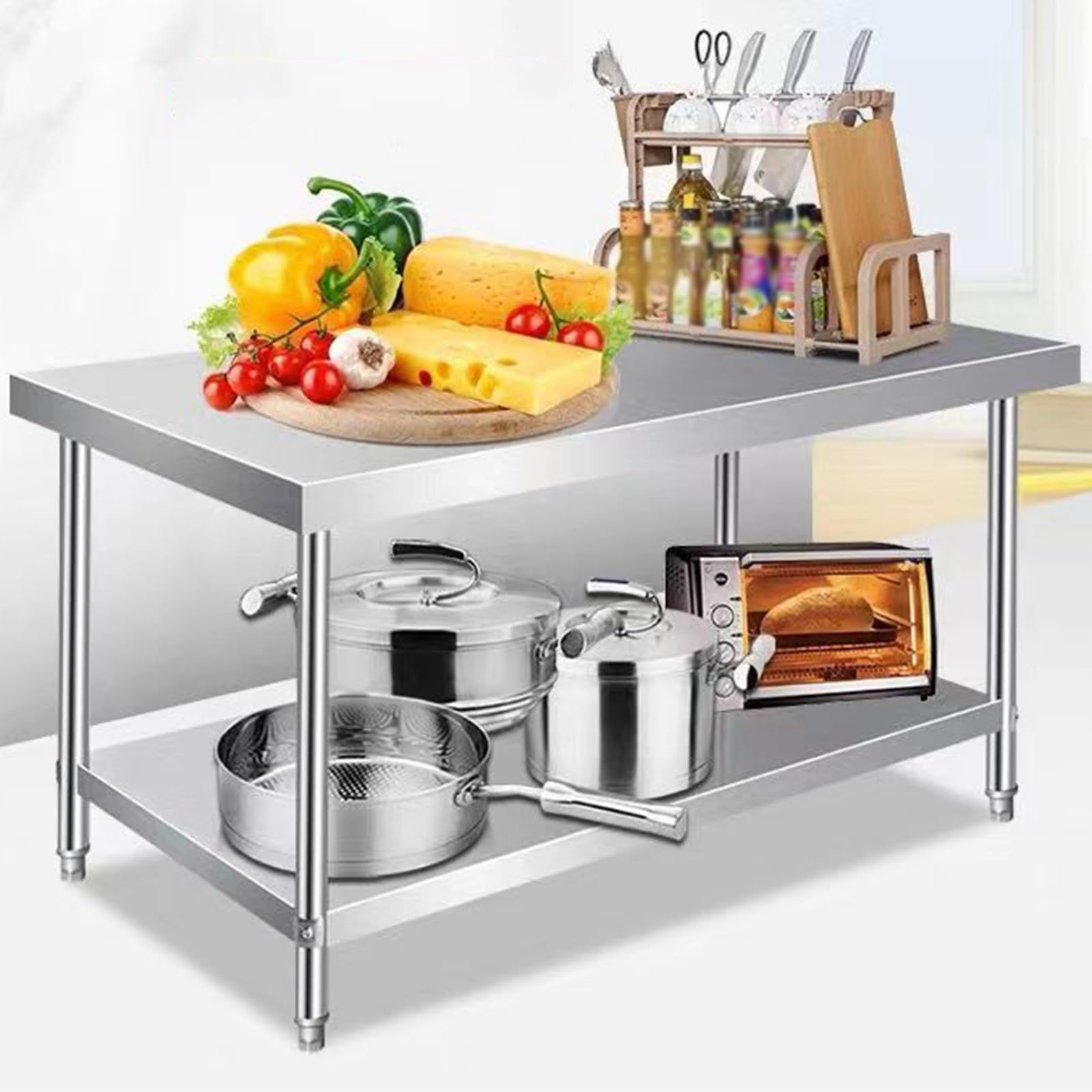 Banco de Trabajo de Acero Inoxidable con Estantes Dobles, Resistente Mesa de Preparación para Cocina Comercial, Mesa de Corte, Mueble de Trabajo, Mesa de Embalaje, Mesa de Metal de Gran Espac
