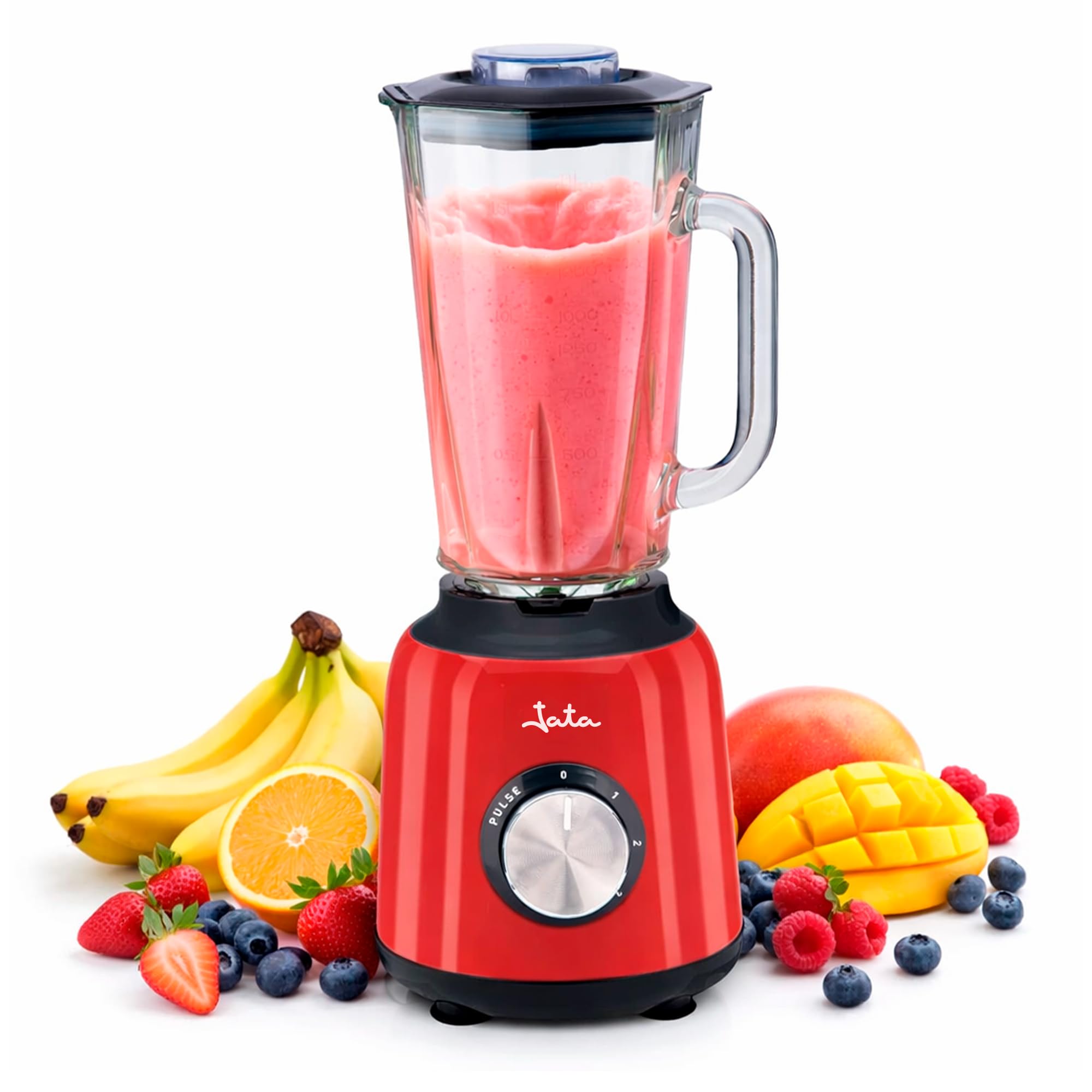 Jata BT795 - Batidora de Vaso 1200W Profesional, Motor AC 30000 RPM, Jarra de Cristal 1,5L, 6 Cuchillas Acero Inox Combi, 3 Velocidades + Pulse, Pica Hielo