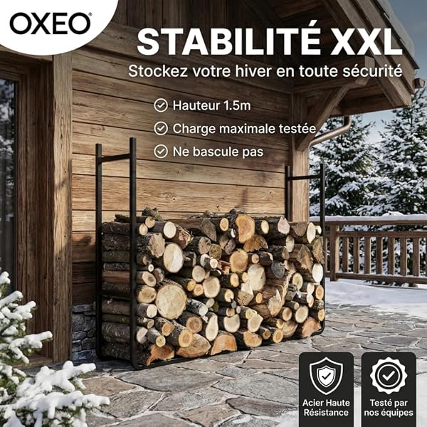 Oxeo Range bûches XXL Extensible - Range Bois Grande Hauteur Grosse capacité - Hauteur 1.5 m - Acier revêtement époxy - 2