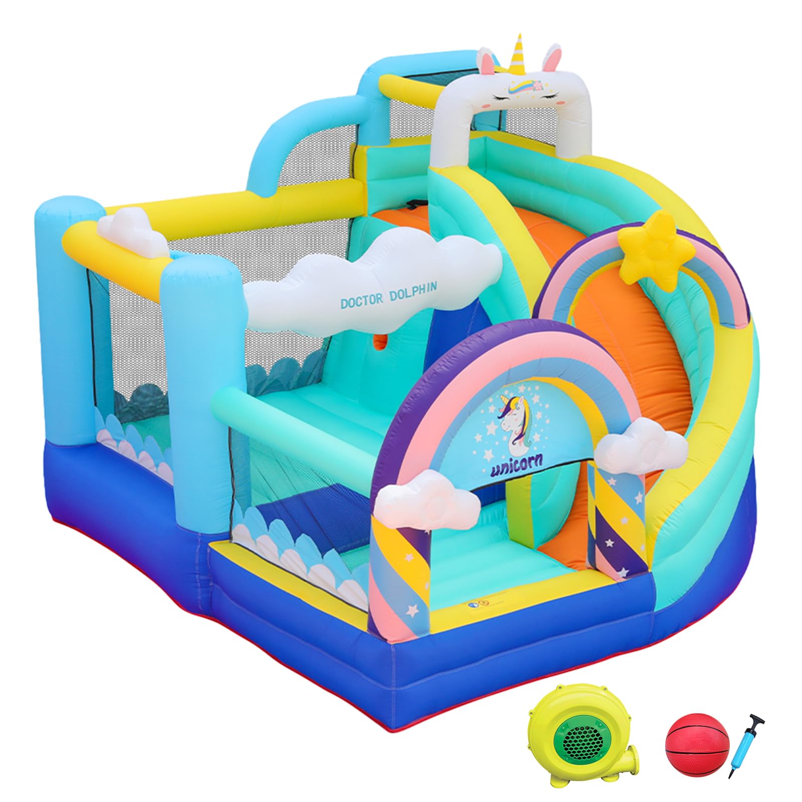 Doctor Dolphin Inflatable Bounce House, Unicorn Bounce House with Slide, Inflatable Bouncy House with Ball Pits, Jump Bouncer for Kids Age 4-8, Bouncing House with Basketball Hoop for Backyard