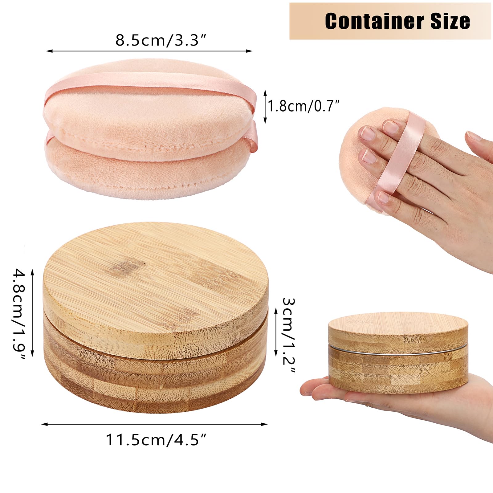 TOLIDA 2pcs Body Powder Puffs and 1 Container, 10oz Empty Bamboo Case with Aluminum Inner Jar - Image 2