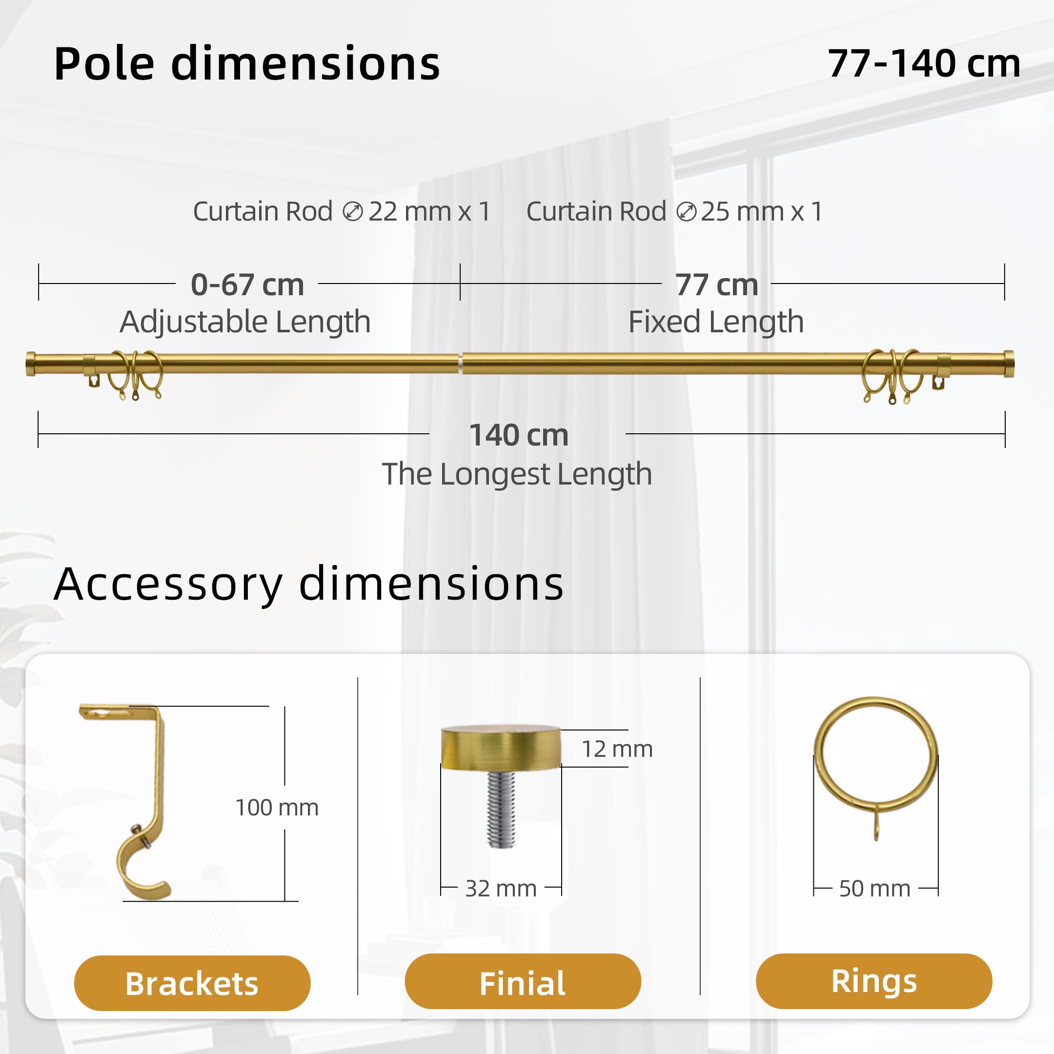 curtain poles 25 mm diameter gold finished surface, seamless telescoping 77-140 cm - Image 4
