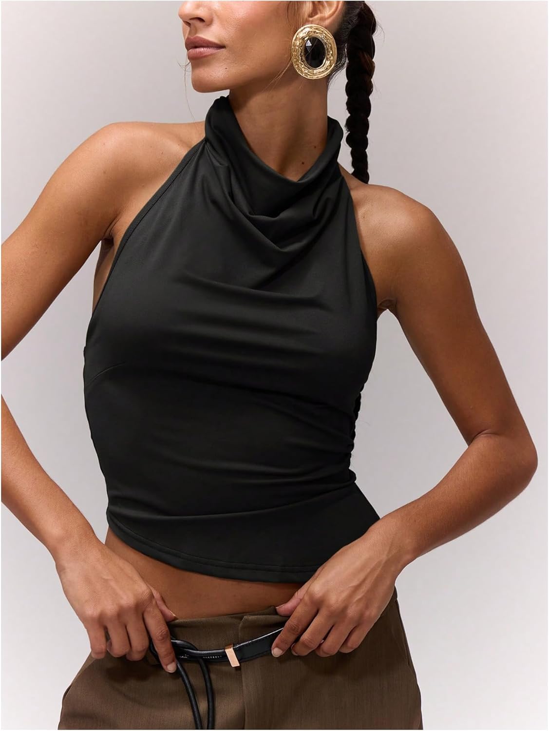 Milumia Women's High Neck Draped Tops Open Back Asymmetrical Hem Halter Crop Tank Top - Image 3