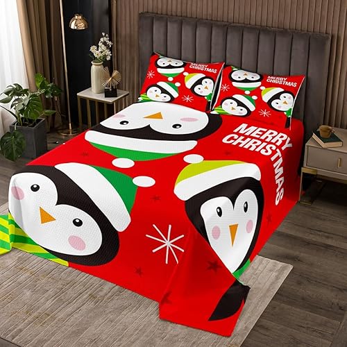 Juego de colcha de Navidad para niños, tamaño King, diseño de pingüinos de dibujos animados, animales árticos, decoración de habitación de niños y