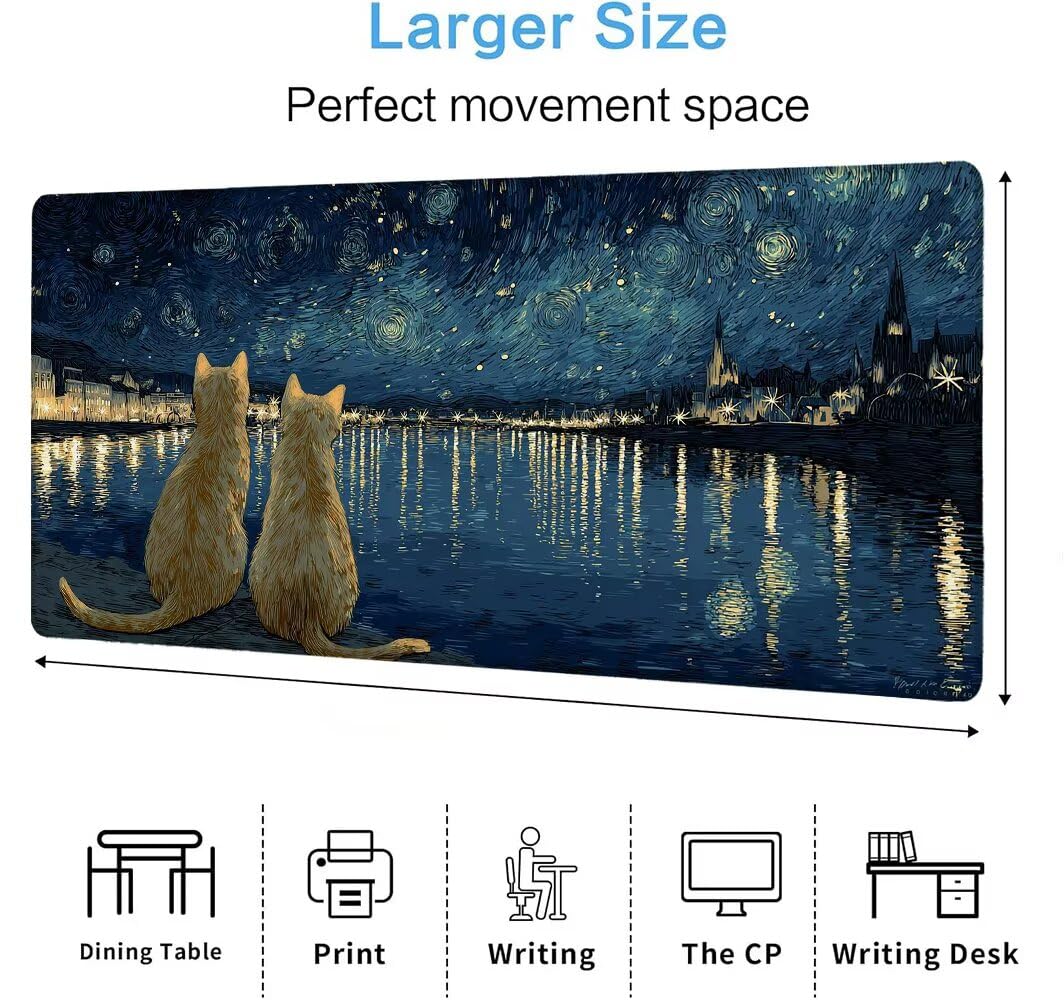 Alfombrilla Ratón XXL 600x1200x3 mm Mouse Pad Grande Gaming El Cielo Estrellado del Gato Alfombrilla Escritorio,Tapete Escritorio Bordes Cosidos, Impermeable Antideslizante Ordenador Desk Mat zj-263