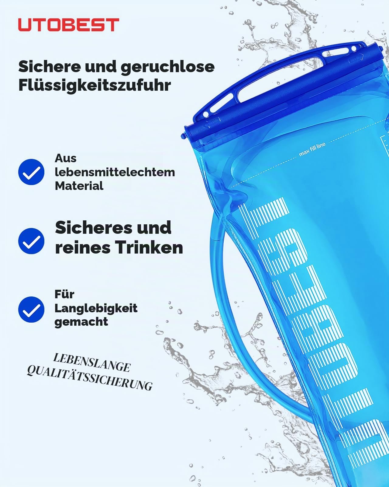 UTOBEST Trinkblase 1L/1,5L/2L/3L Wasserblase für Trinkrucksack, BPA-frei Auslaufsicher Wasserreservoir für Laufen, Wandern, Radfahren