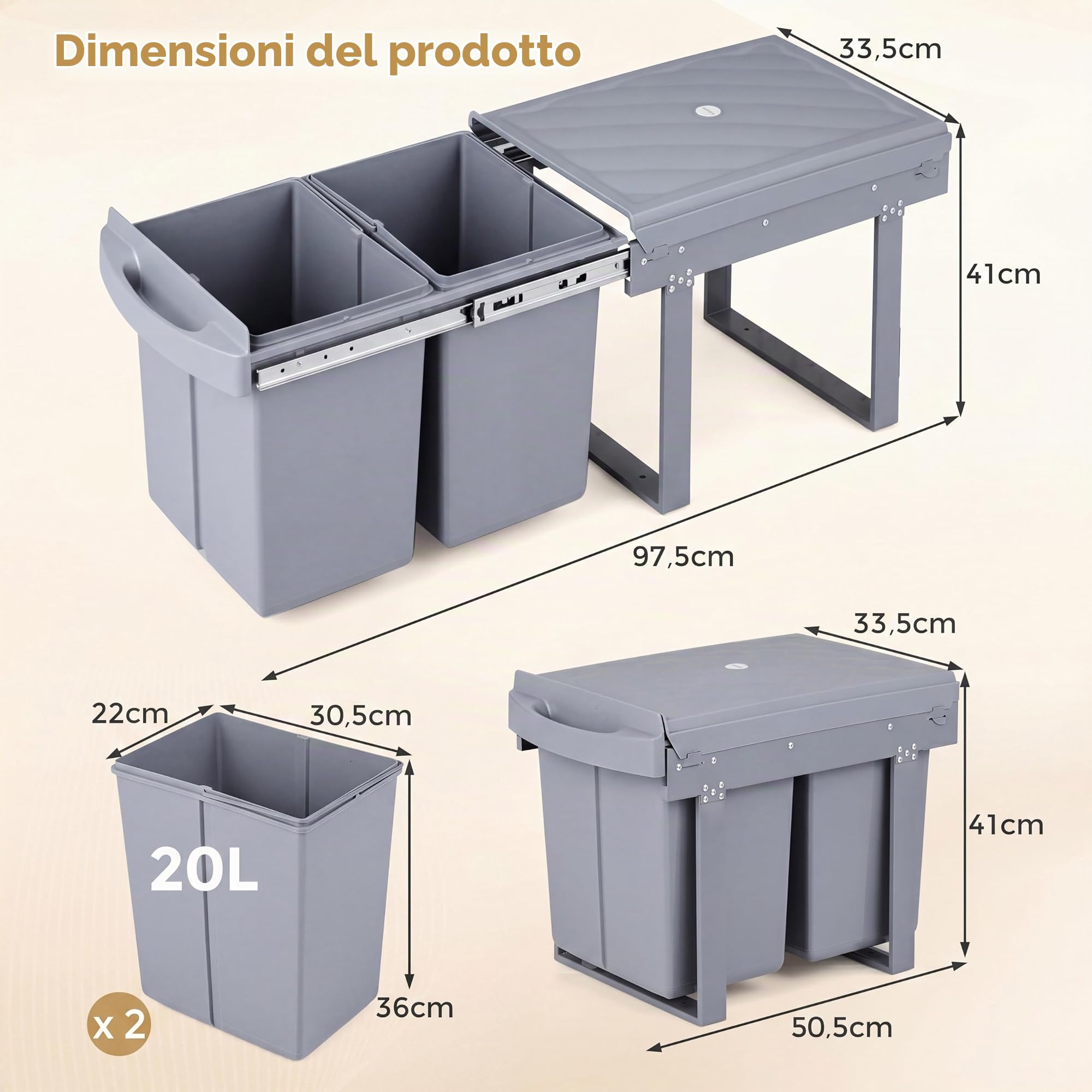 LIFEZEAL Pattumiera Estraibile Sottolavello 2 x 20L, Cestino Raccolta con 2 Secchi Rimovibili, Guide Telescopiche, Manico e Coperchio in ABS, Bidone per Rifiuti 50,5 x 33,5 x 41 cm, Grigio