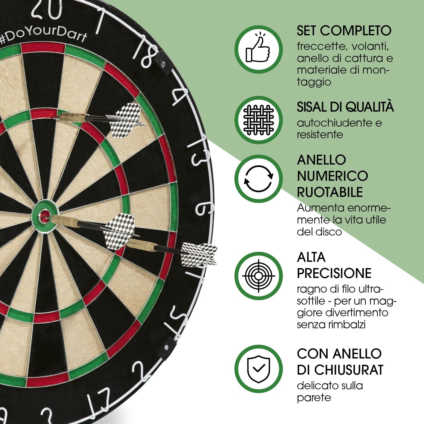 Bersaglio per freccette | Set completo con 6 freccette e illuminazione opzionale | Freccette in acciaio incl. alette | Bersaglio in sisal con anello protettivo | Dartboard standard