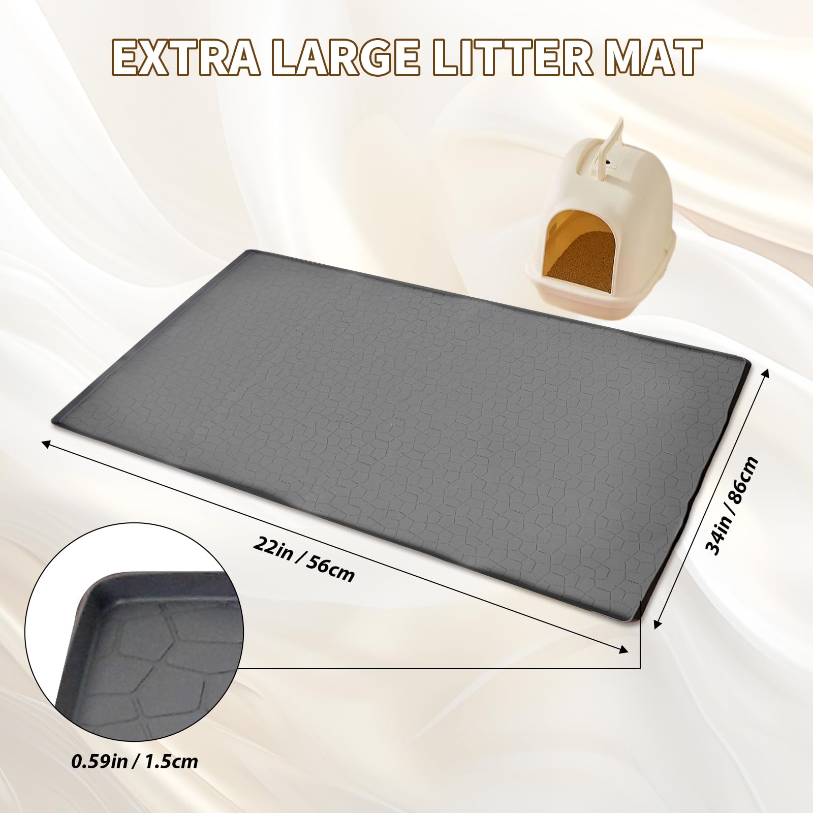 Tappetino per lettiera per gatti extra large, di alta qualità, resistente, impermeabile, in silicone, con bordi alti, antiscivolo, controllo dello spargimento, facile da pulire (86 x 55 cm, grigio)