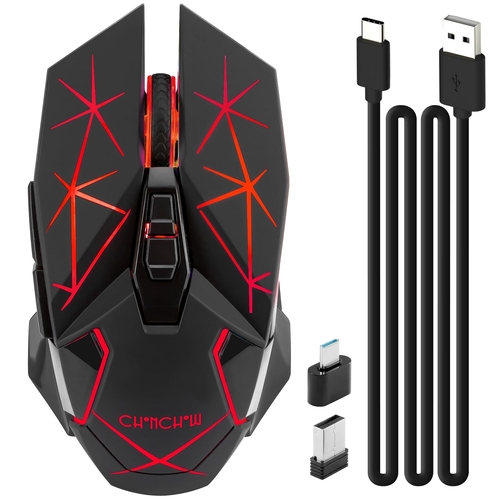 CHONCHOW Rechargeable Wireless Gaming Mouse, Colorful LED Lights, 7 Buttons, USB C, Up to 3200 DPI, 2.4Ghz Cordless Computer Gamer Mice with Side Buttons for PC Laptop Mac Chromebook Windows, Black