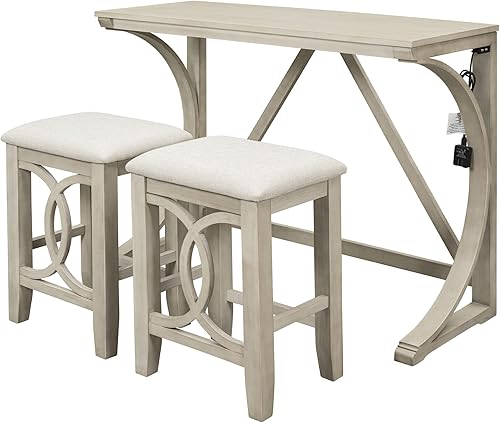 Miniatura 2 de LZ LEISURE ZONE Juego de mesa de comedor para 2 juego de mesa de comedor de 3 piezas con puerto USB y taburetes tapizados color crema