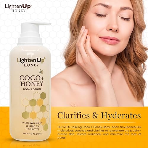 Miniatura 4 de Lighten-Up Honey, loción corporal iluminadora para la piel, 13.5 fl oz 13.5 fl oz, crema corporal hidratante en cara, rodillas, codos, con manteca