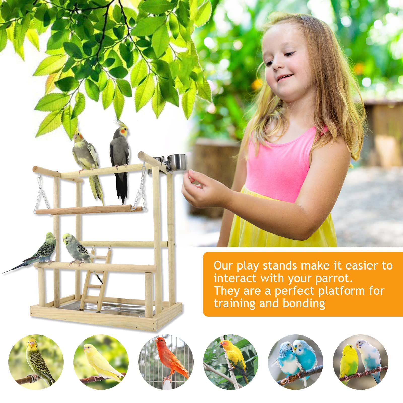 Roseflower Perchoir en Bois pour perroquets,Terrain de Jeu pour Perroquet Échelles, Plateau et mangeoires - Accessoire de Cage pour cacatoès - Aire de Jeu pour Oiseaux,D:45.5 * 40 * 26CM