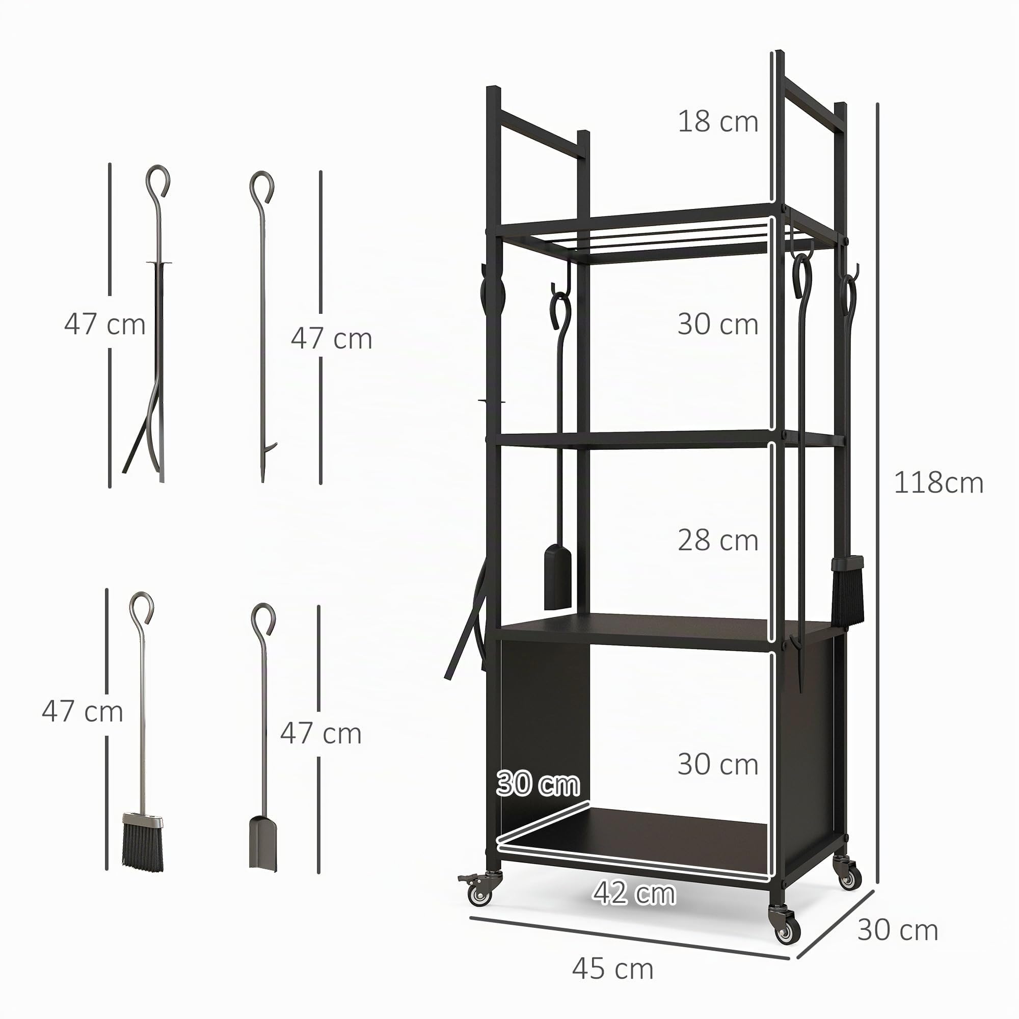 Outsunny Chariot range bûches intérieur, roulettes, métal 45x30x118cm Noir