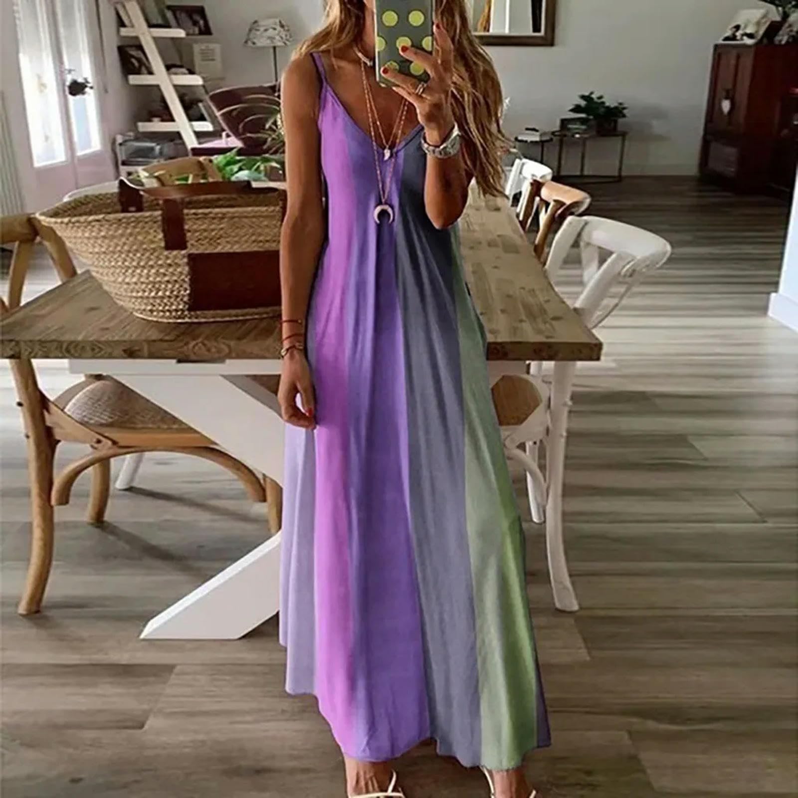 Vestido de Talla Grande para Mujer, Vestido Largo Informal de Verano con Estampado Degradado, Vestido Largo Elegante con Cuello en V y Tirantes sin Mangas, Vestido de Playa Maxi