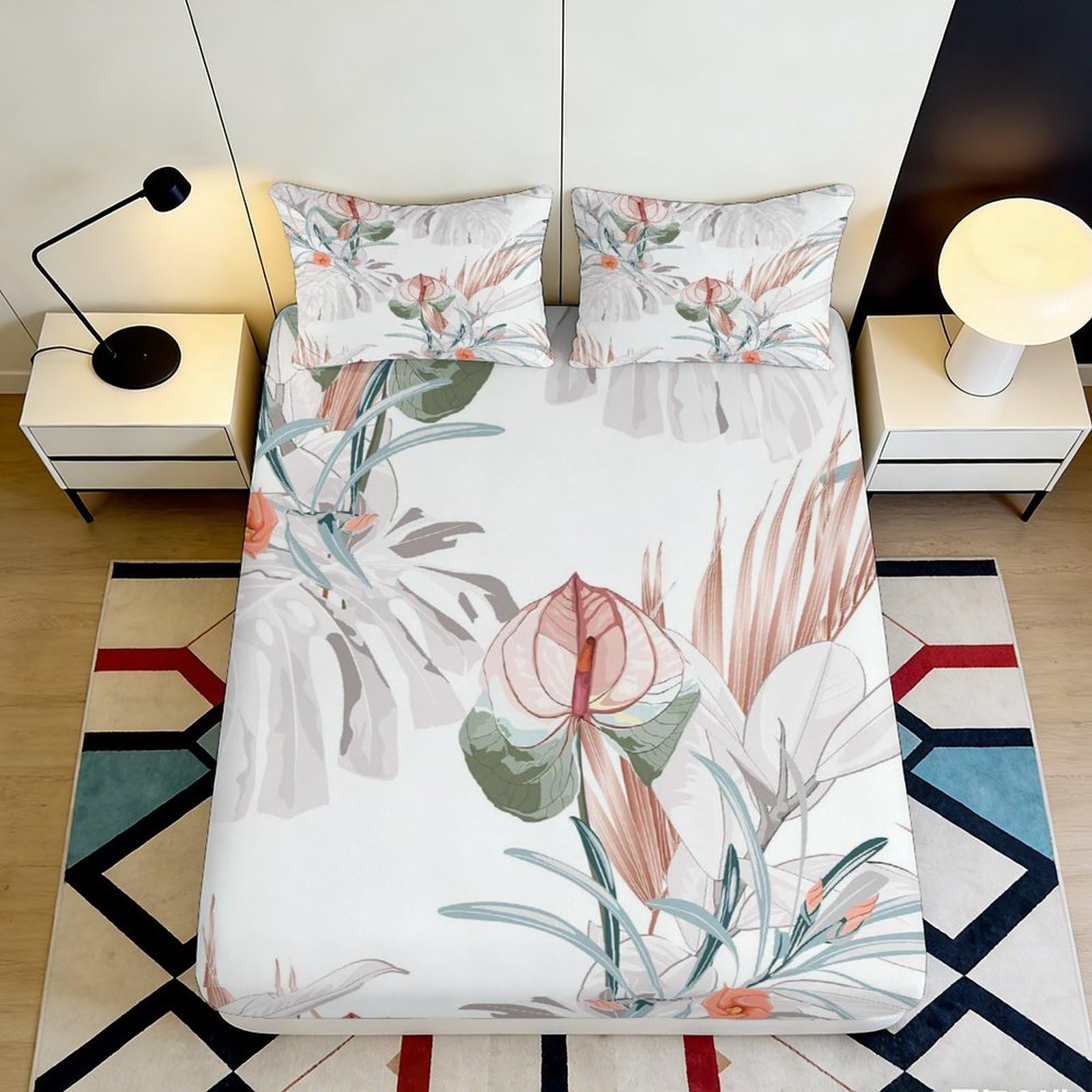 3D Printed Tropical Leaf Fitted Sheet Microfiber Soft Botanical Floral Mattress Cover for Bedroom Guest Room Decor 140x200x25cm