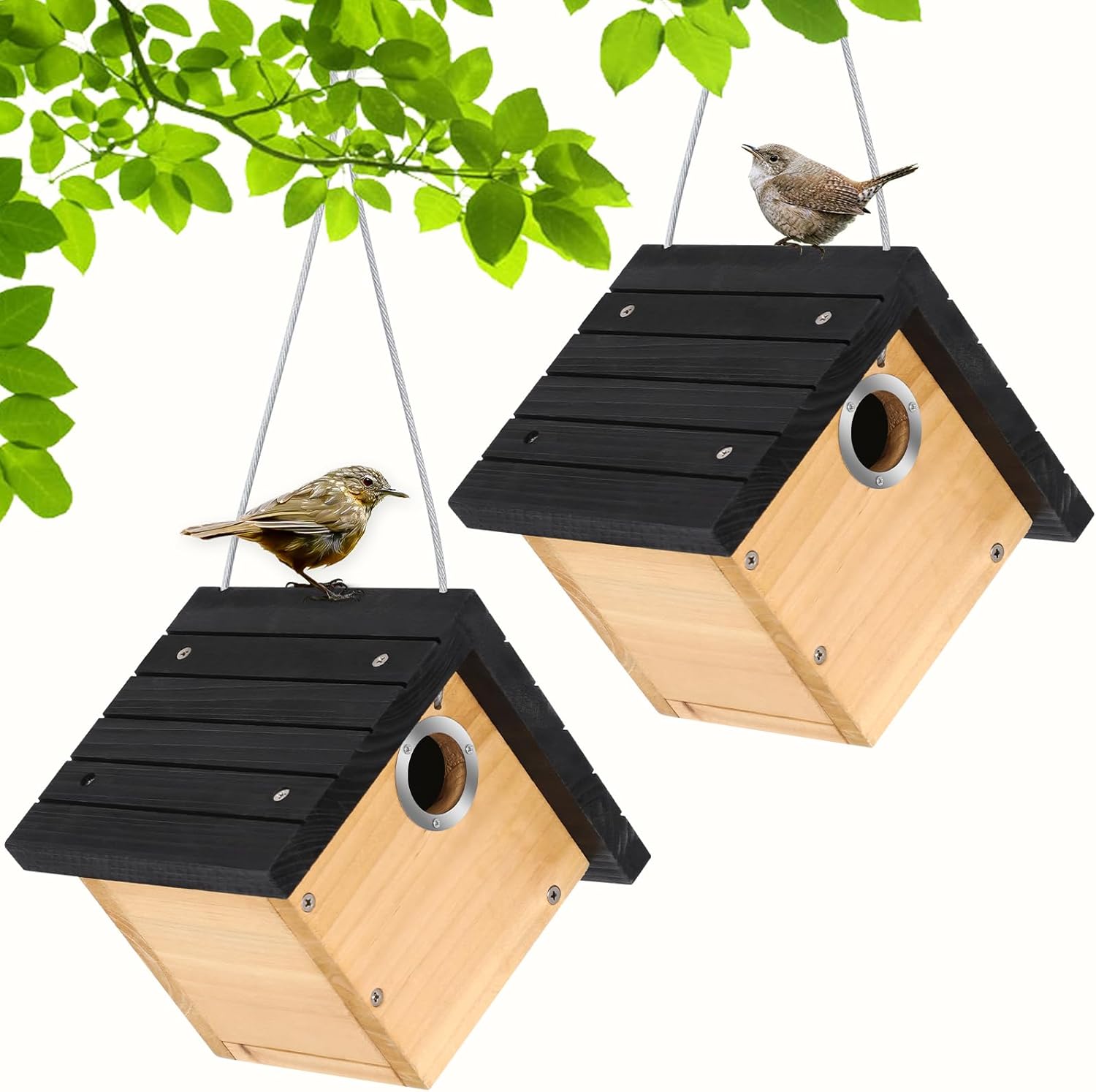 Gtongoko 1-1/8" Entrance Hole Wren House, Hanging Wren Bird Houses for Outside for Nesting with Metal Guar Bird Nest with Air Vents, Clean Door for Wildbird Watching 2 Pack Black