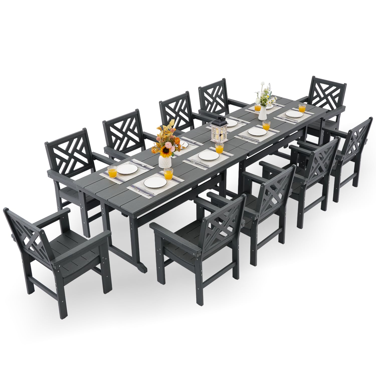 HDPE Dining Table Set for 10,12-Piece Outdoor Table and Chairs Include 10 Dining Chairs and 2 Pcs 62.5" Patio Dining Table with Umbrella Hole (Gray)