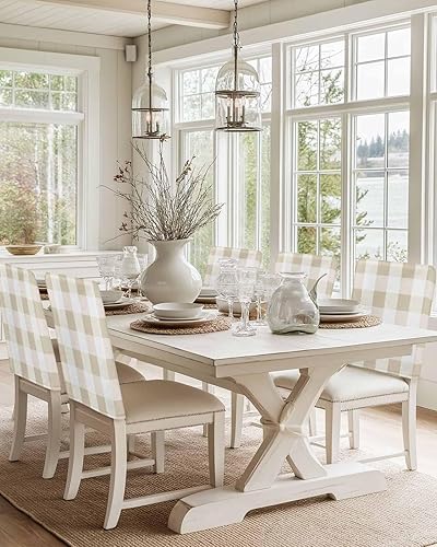 Miniatura 5 de Juego de 4 fundas para respaldo de silla a cuadros de color blanco crema, fundas extraíbles lavables para sillas de comedor, modernas, geométricas,