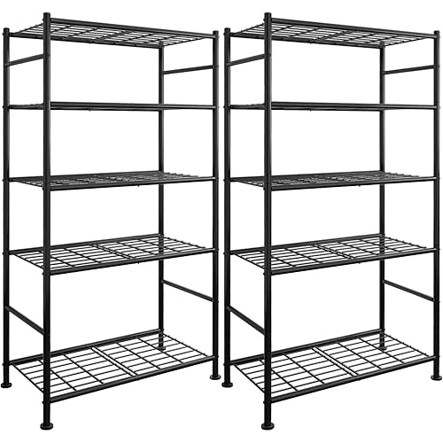 Storage Shelves - Set of 2, 5-Tier Large Metal Shelf Organizer, Heavy-Duty Garage Shelving with Leveling Feet, Stable Shelves Organizer for Pantry, Kitchen, Basement, 33.5" x 12.6" x 72", Black