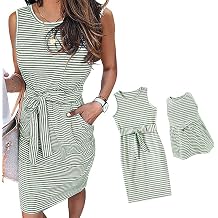 IFFEI Mommy and Me Dresses Womens Summer Sleeveless Striped Girls Dress Casual Tie Waist Mini Matching Family Dresses