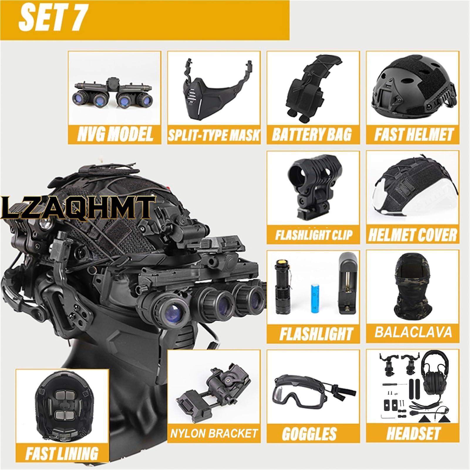 Set Casco FAST Airsoft - Modello GPNVG-18 Con Visore Notturno A Quattro Occhi Con Cuffie Militari, Torcia Tattica, Occhiali Protettivi E Maschera Divisa for Caccia, Paintball, Wargame