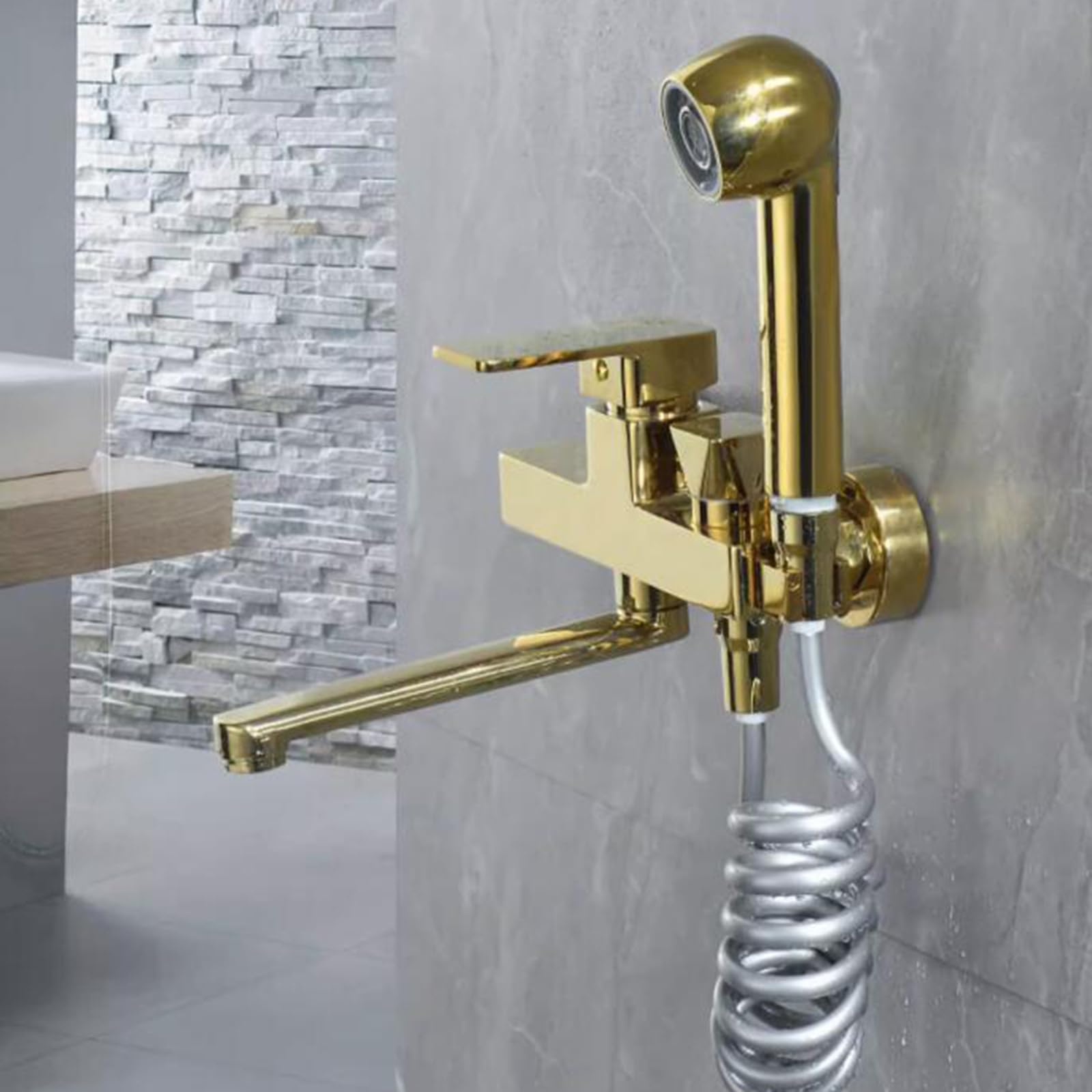 Grifo de Cocina montado en la Pared Grifo de Fregadero Dorado Grifo Giratorio de latón Pistola pulverizadora multifunción Grifo Mezclador de cocina-25 cm