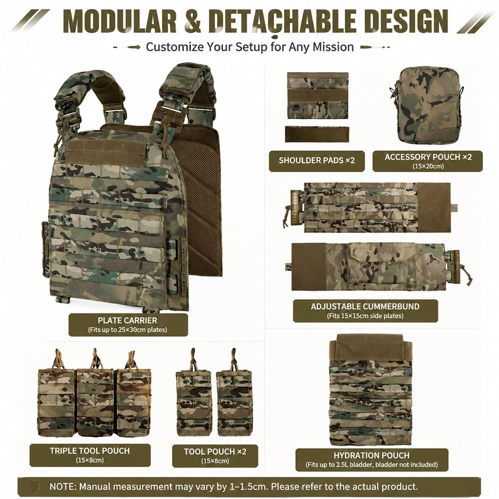 Chaleco MOLLE Ligero Ajustable,Chaleco Modular Bolsillos Desmontables Cierre Liberación Rápida Transpirable Airsoft Paintball Senderismo Actividades Aire Libre Cosplay