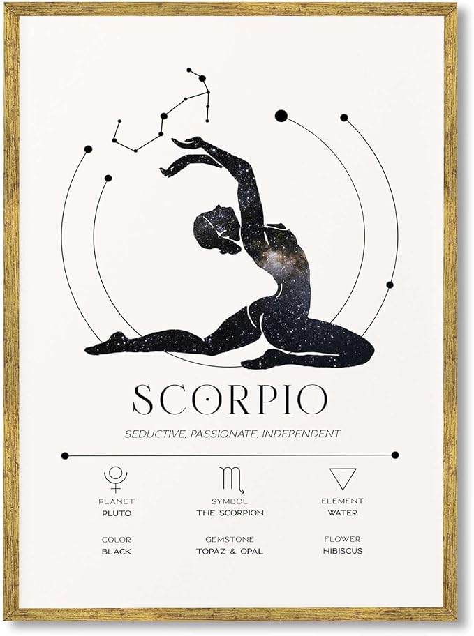Framed Scorpio Zodiac Sign Canvas Print Art Minimalist Aesthetic Wall Art Painting Pictures Elegant Art Print for Bedroom Home Decor Wall Decoration Office (Gold Framed,12L x16W)
