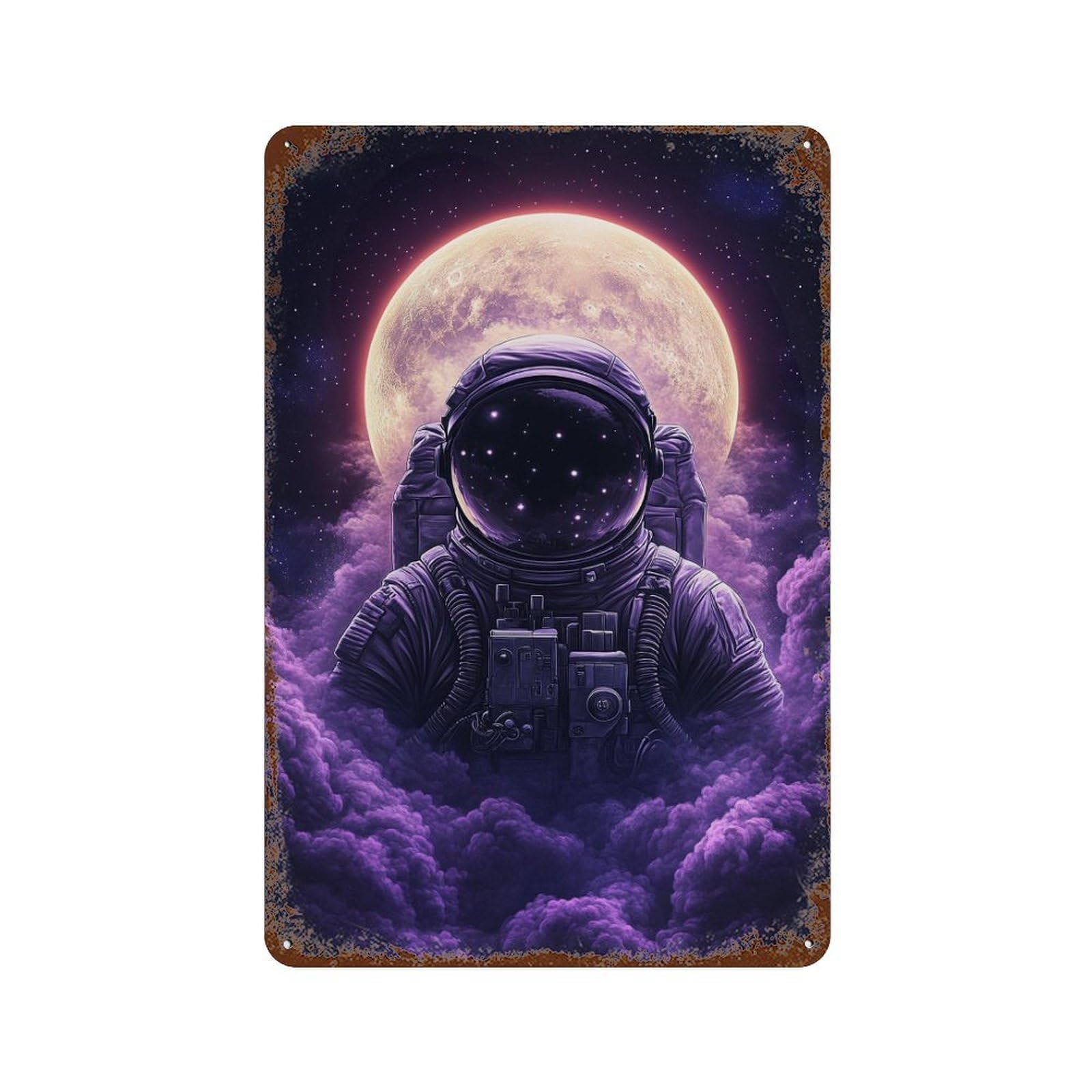 Astronaut in Clouds with Moon 11.8"x7.9" Rust Effect Tin Sign, Industrial Home Decor for Living Room, Hallway And Home Decor