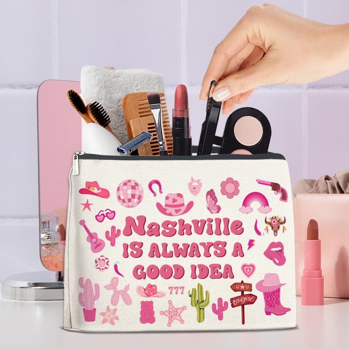 Nashville Travel Gifts Makeup Bag, Pink Country Cowgirl Cosmetic Bag for Women, Nashville Travel Toiletry Pouch for Purse - Image 5