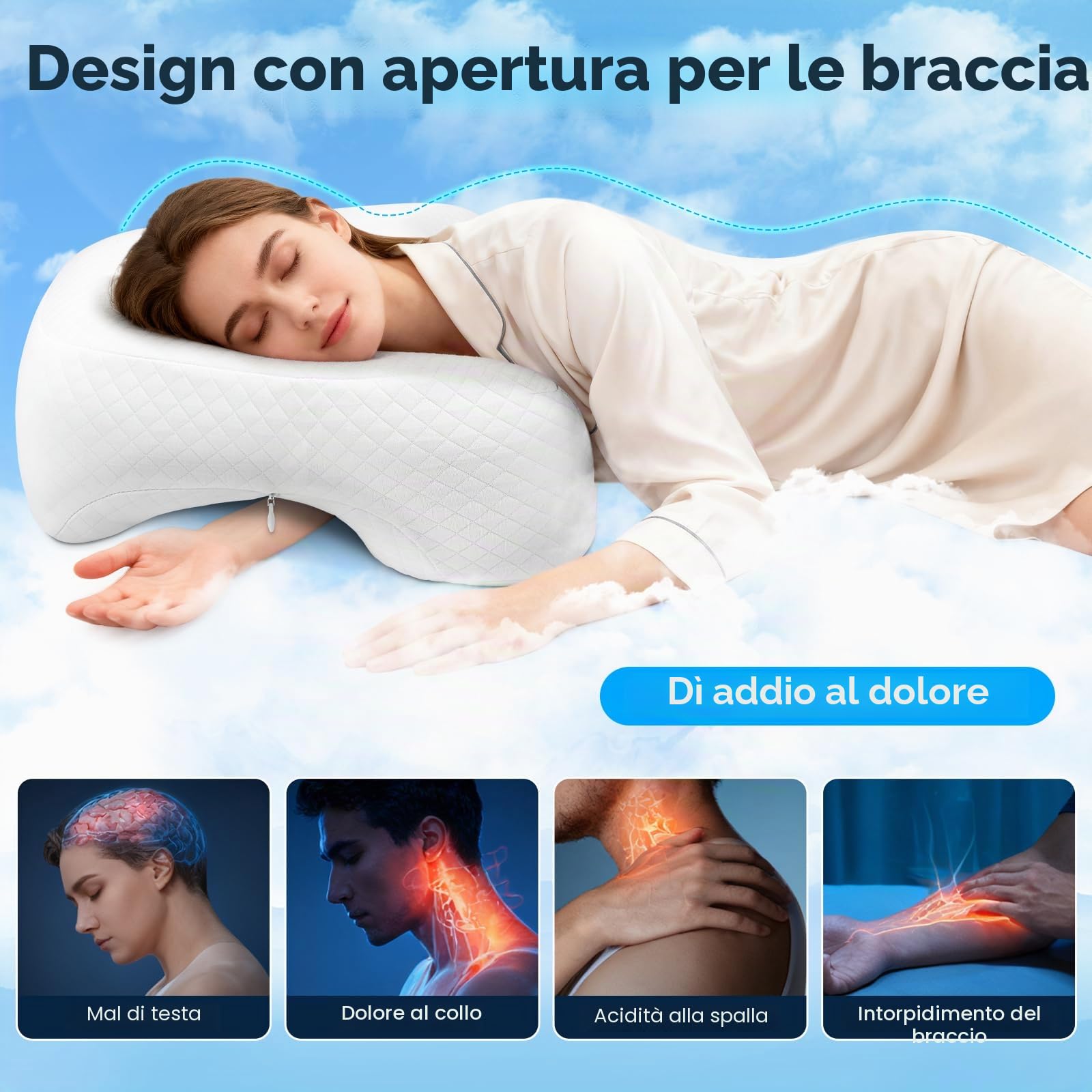Cuscino Ergonomico per Chi Dorme di Lato con Fori per Braccia, Schiuma ad Alta Densità, 53,3 x 43,2 x 13,7 cm, Supporto per Collo e Spalle