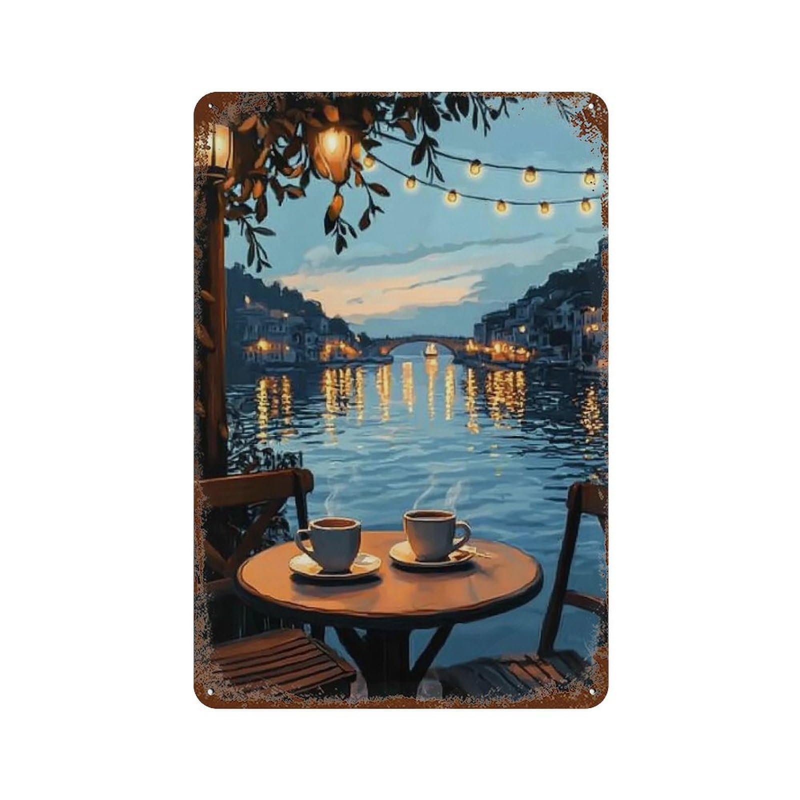 YHGERTKU Dusk Reflection Cafe Landscape 03 Wall Art Retro Iron Vintage Metal Tin Sign Poster Modern Decor for Living Rooms Gift 30x20cm