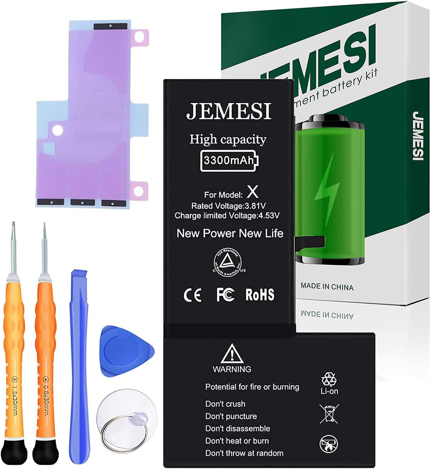 JEMESI New Battery for iPhone X, 3300mAh Ultra High Capacity Battery Replacement Kit, with Professional Repair Tools and Instructions-1 Year Warranty