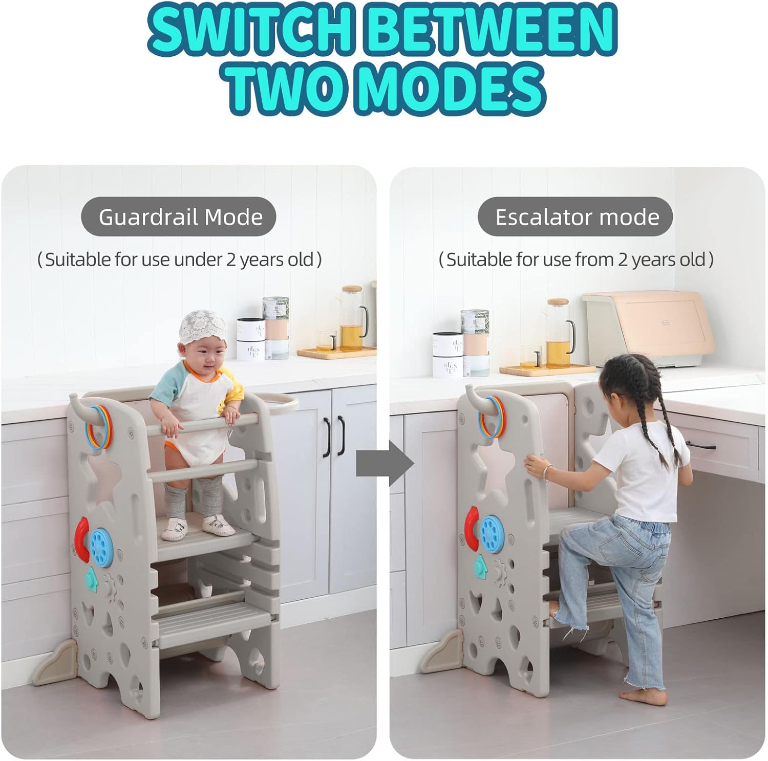 UNICOO® Multifunctional Kids Step Stool w/Double Safety Rails, Height Adjustable, Toddler Tower for Kitchen Countertop and Bathroom w/Drawing Board & Storage (OMLT-Grey)