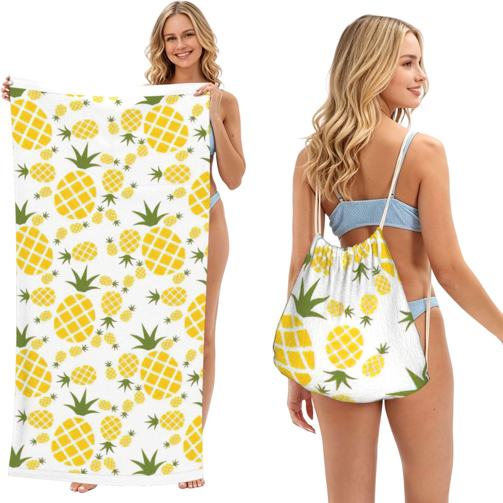 aacxzff Pineapple.. Print 2 in 1 Packable Towel Bag, Drawstring Beach Towel Backpack,80x160cm for Beach trips
