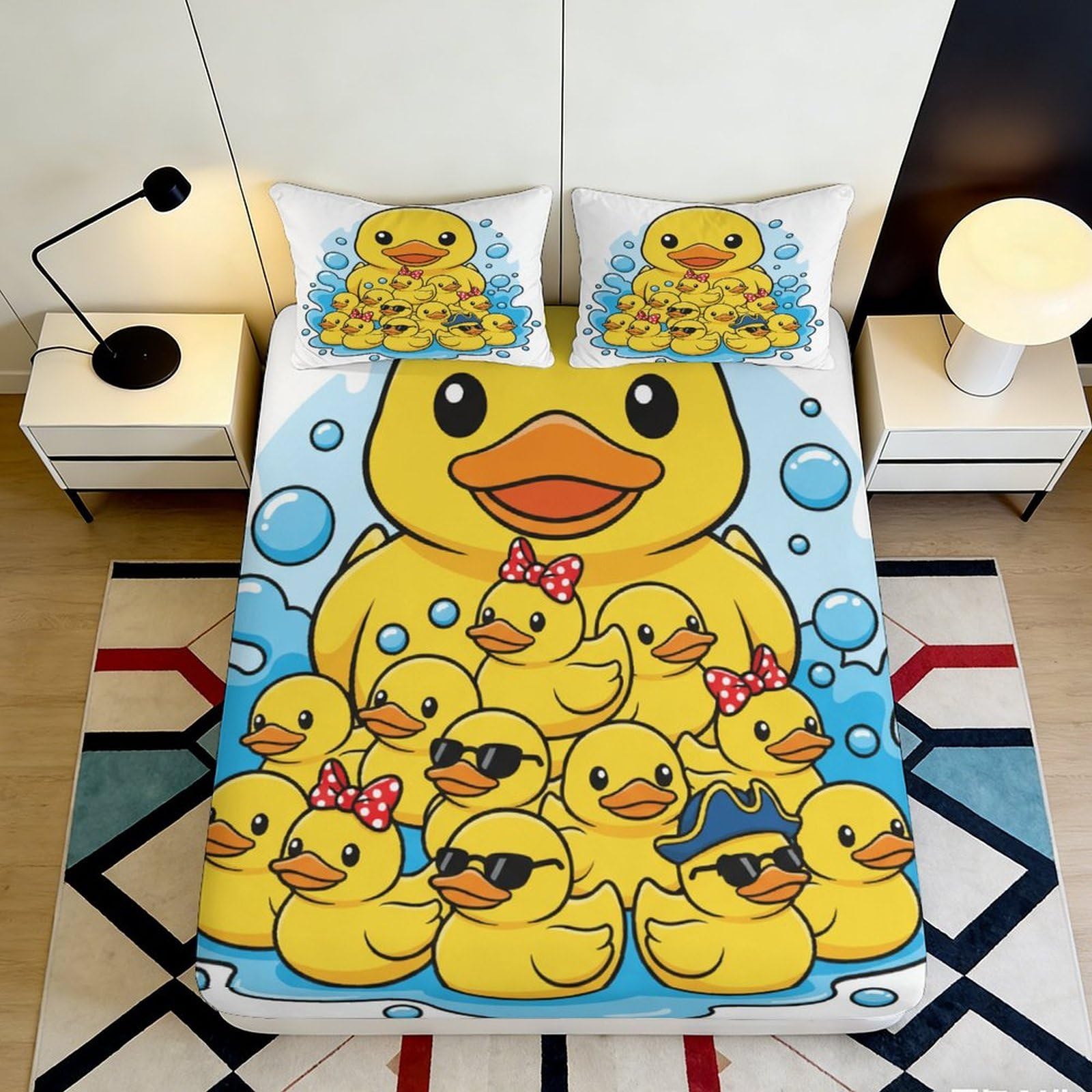 3D Printed Cartoon Duck Fitted Sheet Microfiber Deep Pocket Elastic Hem Bedding Set Cartoon Duck Mattress Fitted Cover for All Ages 140x200x25cm